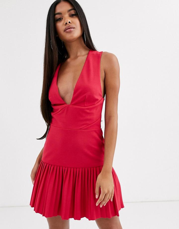 Asos Design Cross Back Plunge Pleated Mini Skater Dress-pink