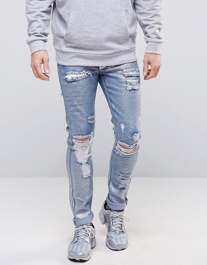 Asos Super Skinny Jeans With Mega Rips In Metalic Sliver Coated Blue -
