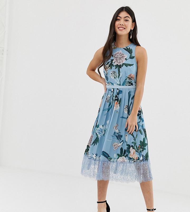 Little Mistress Petite Allover Pleated Midi Dress In Floral Print - Multi