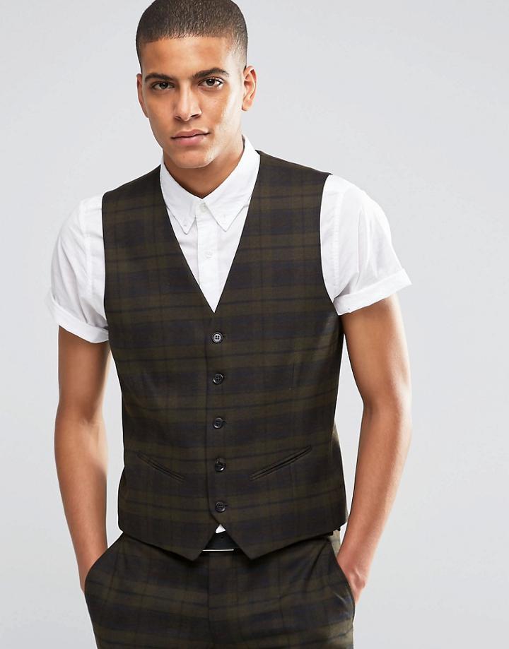Selected Homme Suit Vest With Check In Skinny Fit With Stretch - Khaki