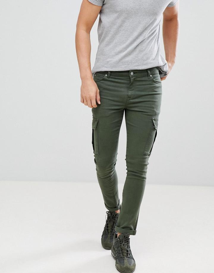 Asos Design Super Skinny Jeans In Green With Cargo Pockets - Green