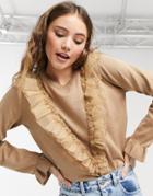 Qed London Frilled Mesh Detail Sweater In Camel-brown