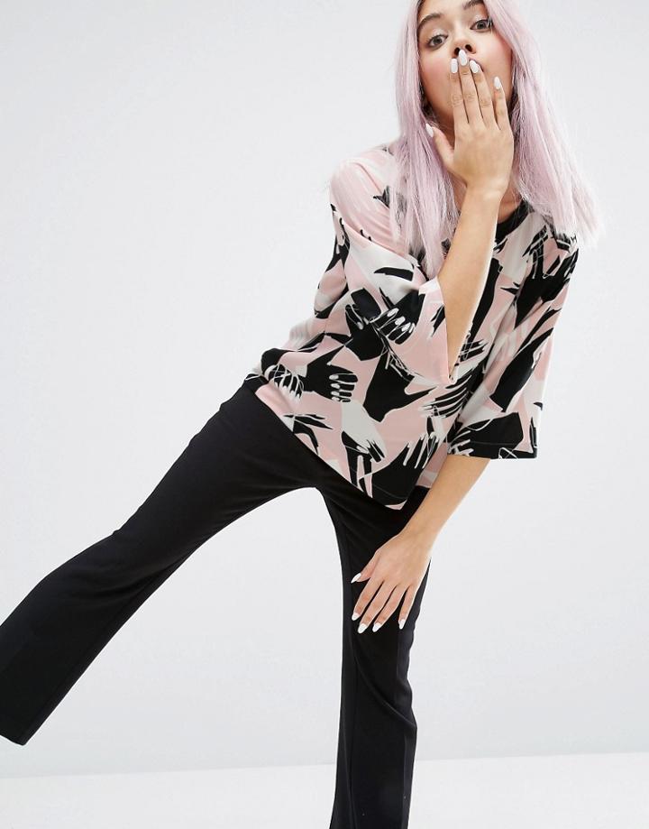 Monki Hand Print Fluted Sleeve Top - Multi