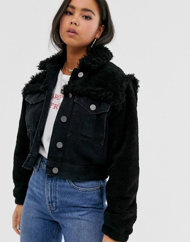 Asos Design Denim Jacket With Borg Detail In Black - Black
