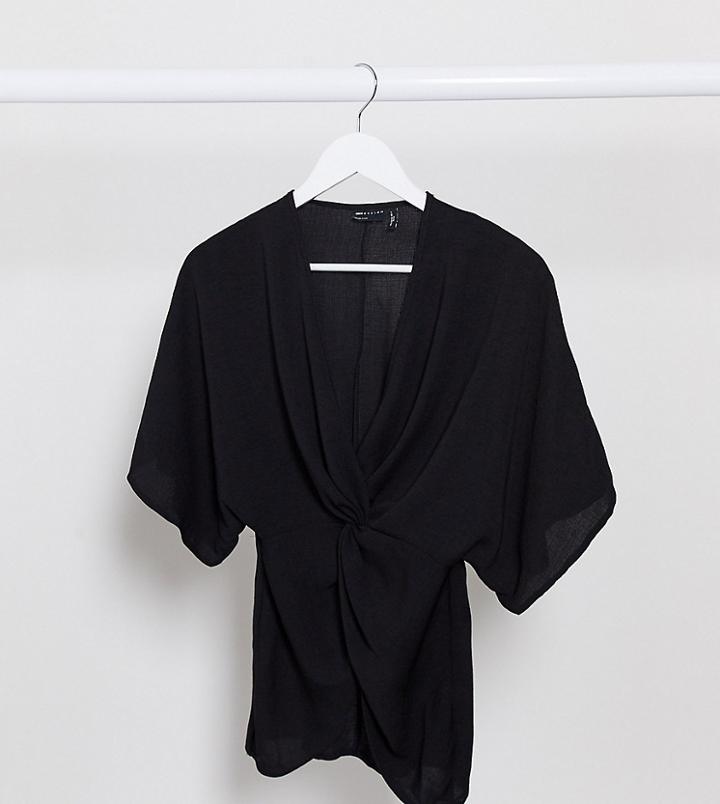 Asos Design Petite Knot Front Top With Kimono Sleeve In Black