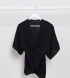 Asos Design Petite Knot Front Top With Kimono Sleeve In Black