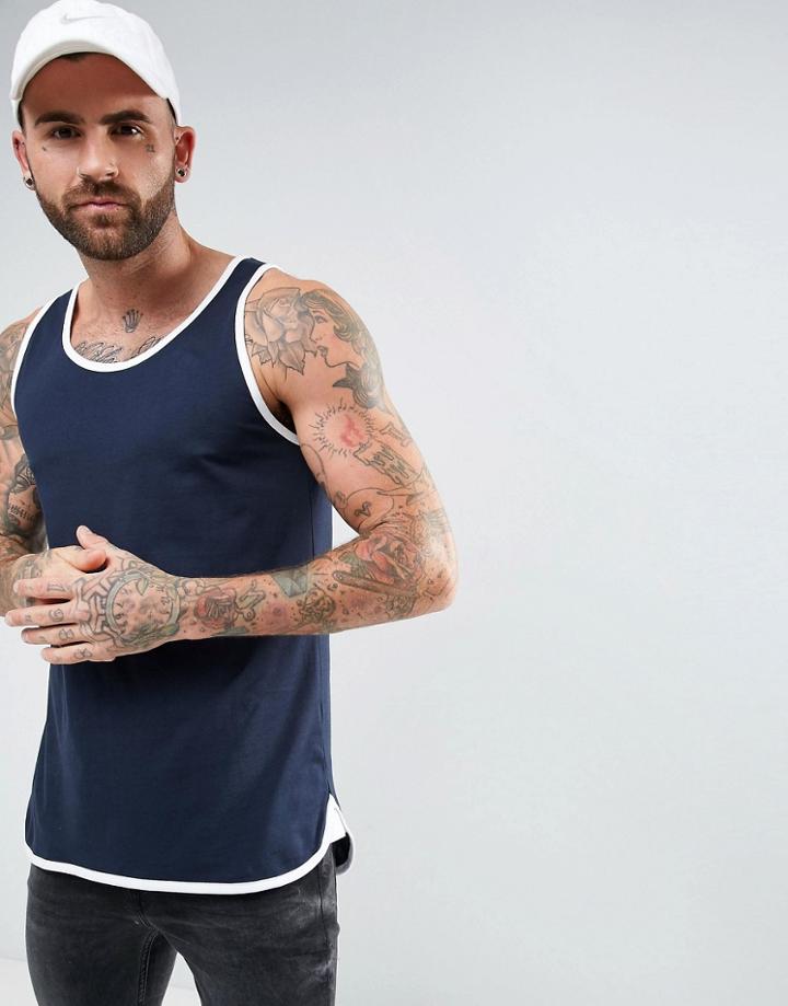 Asos Longline Skater Tank With Contrast Bound Hem In Navy - Navy