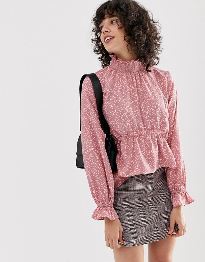 Lost Ink High Neck Smock Blouse In Ditsy Polka Dot - Pink