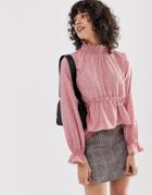 Lost Ink High Neck Smock Blouse In Ditsy Polka Dot - Pink