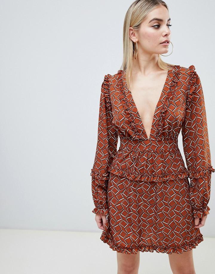 Prettylittlething Plunge Skater Dress In Brown Geo Print - Red