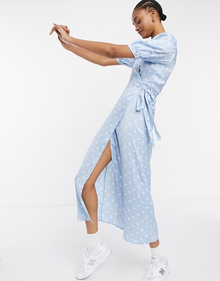 Vila Midi Wrap Dress With Balloon Sleeves In White Polka Dot-multi