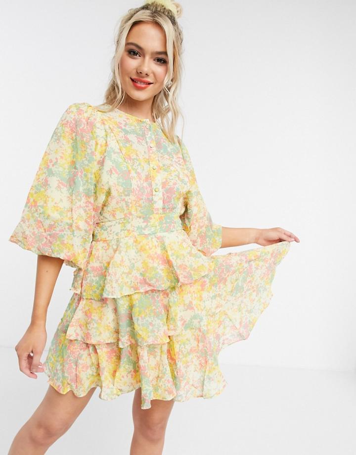 Asos Design Soft Tiered Mini Dress In Ditsy Floral Print-multi