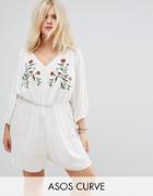 Asos Curve Beach Romper With Floral Embroidery - White