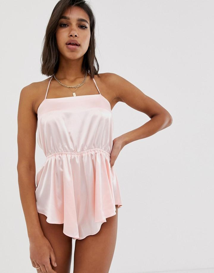 Asos Design Satin Romper With Side Splits - Pink