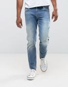 Asos Stretch Slim Jeans In Vintage Mid Wash With Abrasions - Blue