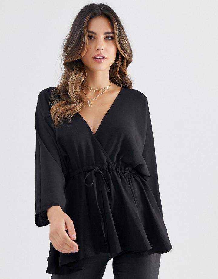 Asos Design Batwing Sleeve Top With Tie Waist - Black