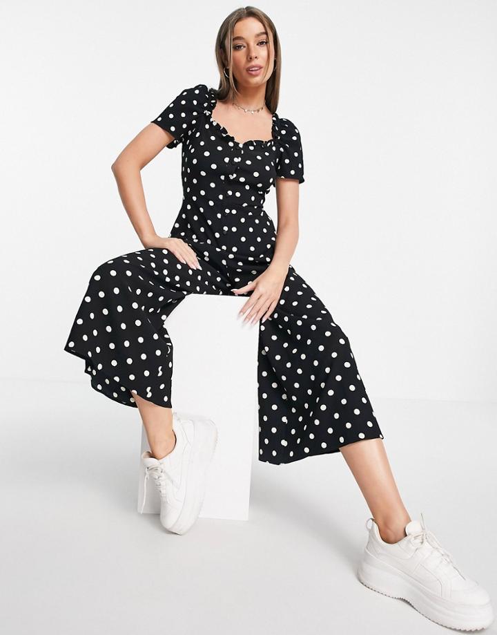 Asos Design Bubble Crepe Short Sleeve Milkmaid Midi Jumpsuit In Mono Polka Dot-multi