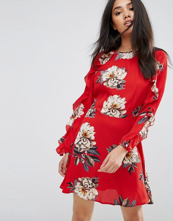 Ax Paris Red Floral Skater Dress With Frill Detail - Red