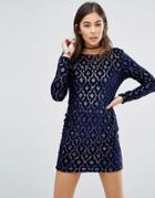 Motel Gabby Dress In Art Deco Sequin With Plunge Back - Navy