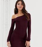 Missguided Off Shoulder Knitted Dress In Plum - Brown