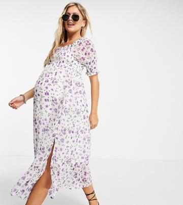 Violet Romance Maternity Shirred Midi Dress In Floral-multi