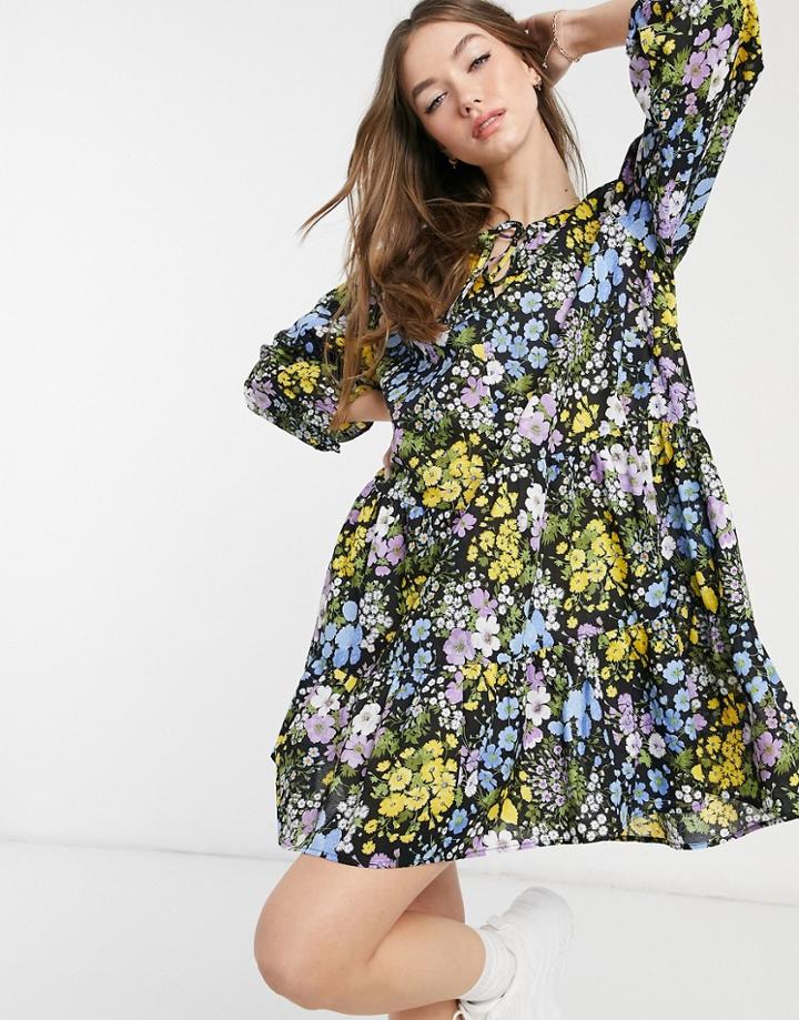 Warehouse Bonnie Floral Tier Mini Dress In Black-multi