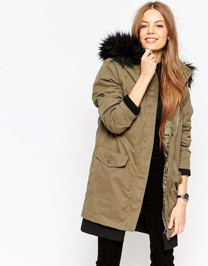 Asos Parka With Detachable Padded Liner - Khaki