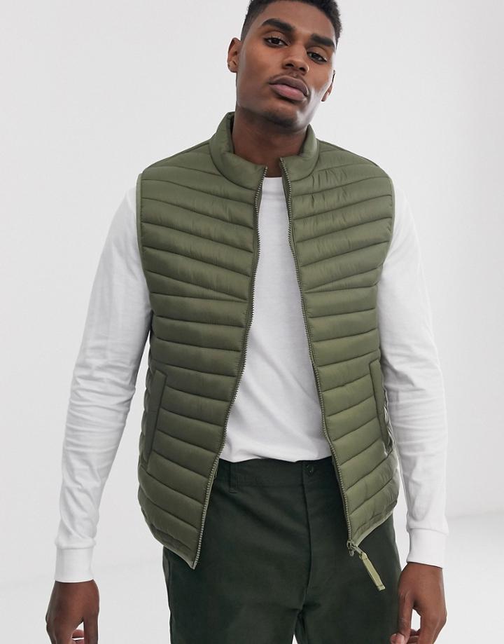 Asos Design Vest With Stand Collar In Khaki - Green