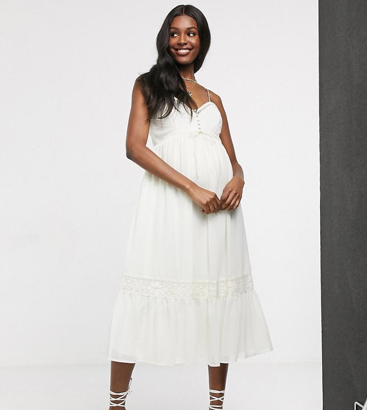 Asos Design Maternity Button Through Lace Insert Cami Midi Dress In Ivory-white