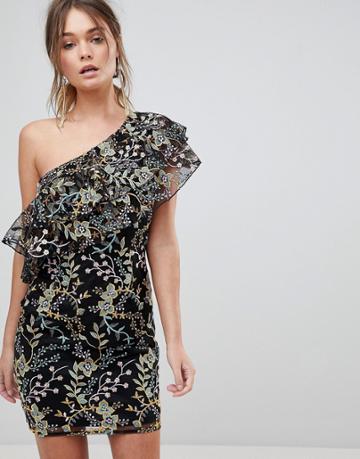 Dolly & Delicious Floral Embroidered One Shoulder Ruffle Mini Dress-multi