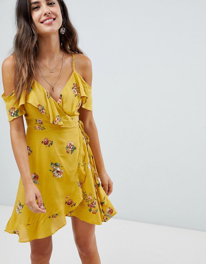 Lunik Floral Print Cold Shoulder Wrap Dress - Yellow