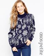 Asos Petite Holidays Sweater In Vintage Ski Motif With High Neck - Navy
