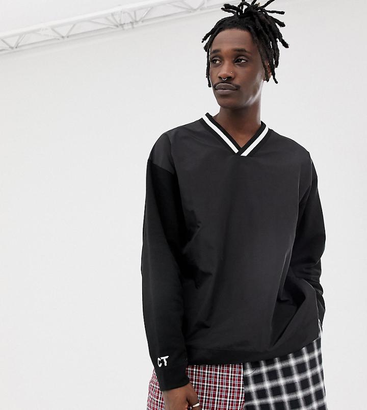 Crooked Tongues Woven V-neck Long Sleeve Top-black