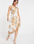 Asos Design Cami Maxi Dress With Open Back And Circle Trim In Floral Print-multi
