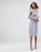 Asos Wedding Ruched Mesh Paneled Midi Dress - Gray