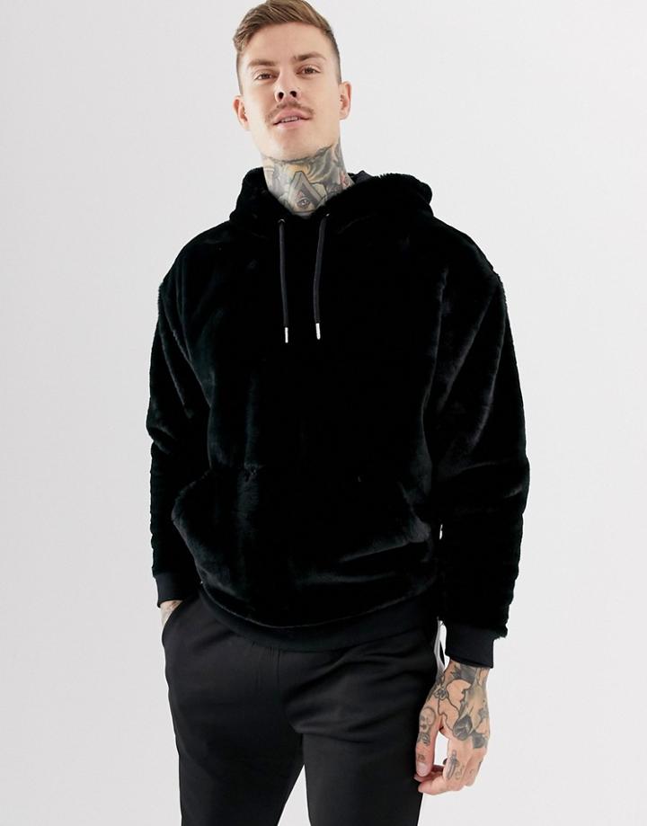 Asos Design Oversized Faux Fur Hoodie In Black - Black