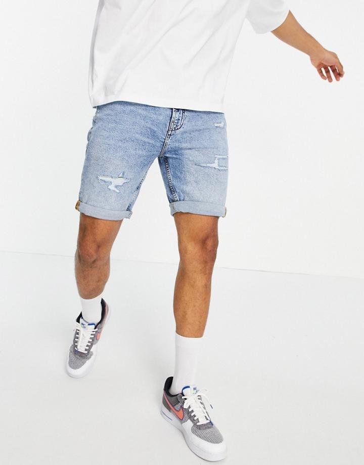Pull & Bear Vintage Fit Denim Shorts In Blue With Rips-blues