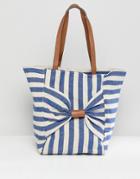 Oasis Shopper Bag With Bow Detail In Stripe - Blue