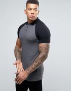 Asos Longline Muscle Polo Shirt With Contrast Raglan In Charcoal And B