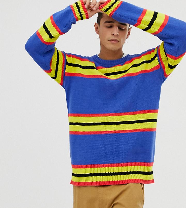 Collusion Crew Neck Sweater In Bright Stripe-blue
