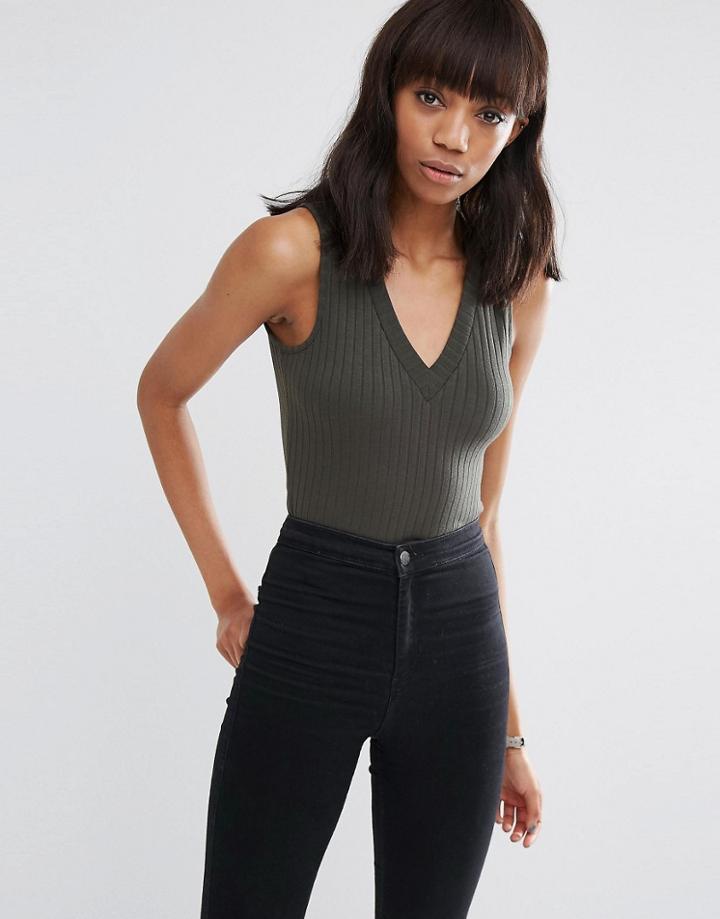 Asos Sleeveless Top With V Neck In Clean Rib - Khaki