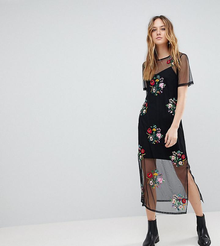 Asos Tall Mesh Midaxi T-shirt Dress With Embroidery - Black