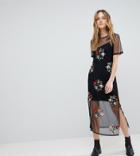 Asos Tall Mesh Midaxi T-shirt Dress With Embroidery - Black