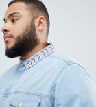 Asos Design Plus Regular Fit Denim Shirt With Beaded Geo-tribal Collar - Blue