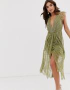 Asos Design Midi Dress With Plunge Bodice And Linear Vintage Beading-green