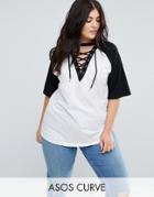 Asos Curve Lace Up Top With Contrast Raglan Sleeves - Multi