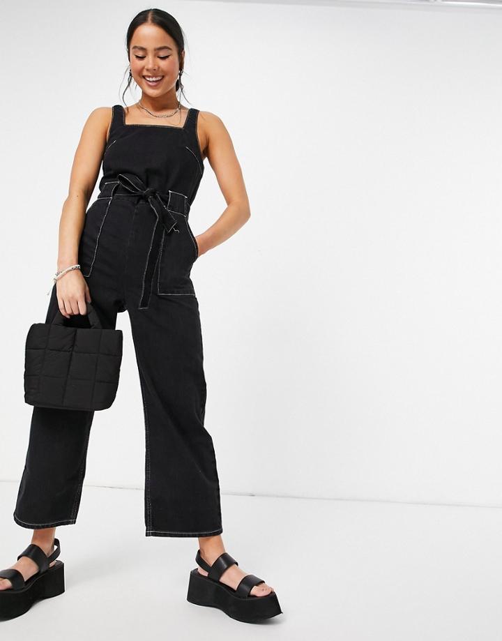Topshop Square Neck Organic Cotton Denim Jumpsuit In Black