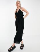 Asos Design Wrap Front Cami Culotte Trim Jumpsuit In Black