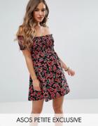 Asos Petite Off Shoulder Shirred Mini Sundress In Cherry Print - Multi