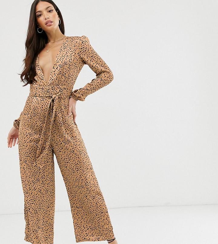 Glamorous Tall Wide Leg Jumpsuit With Tie Front In Spot Satin-tan
